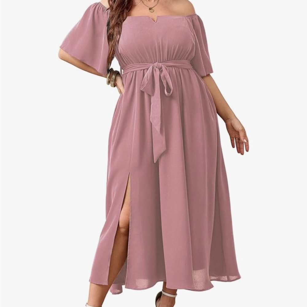 SCOMCHIC Womens Plus Size Off The Shoulder A-Line Split Maxi Dress with Pockets